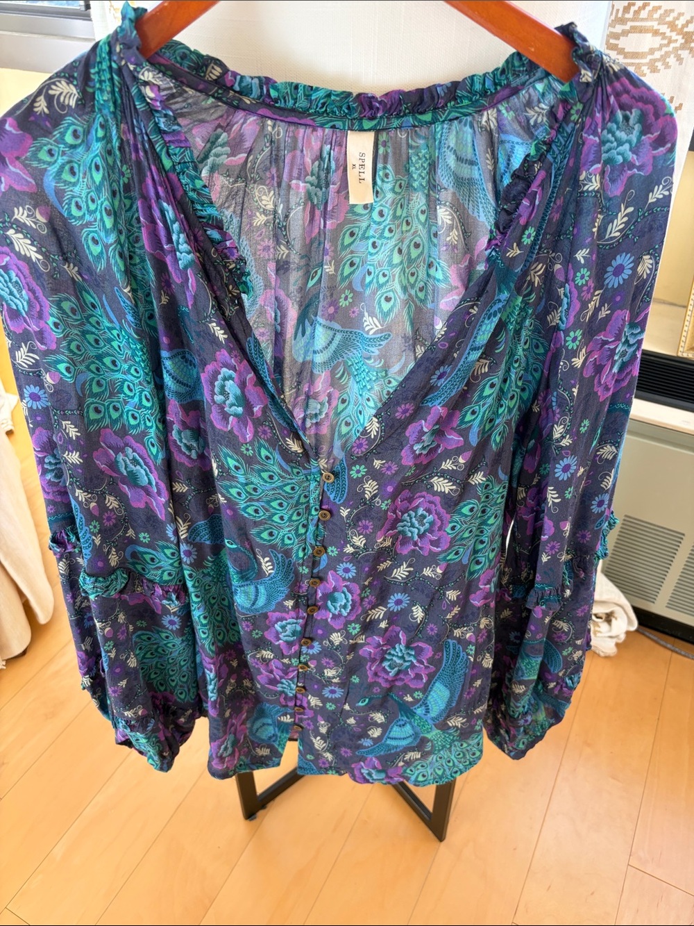 Spell Sheer Peacock Floral Button-Front Blouse in Teal & Purple